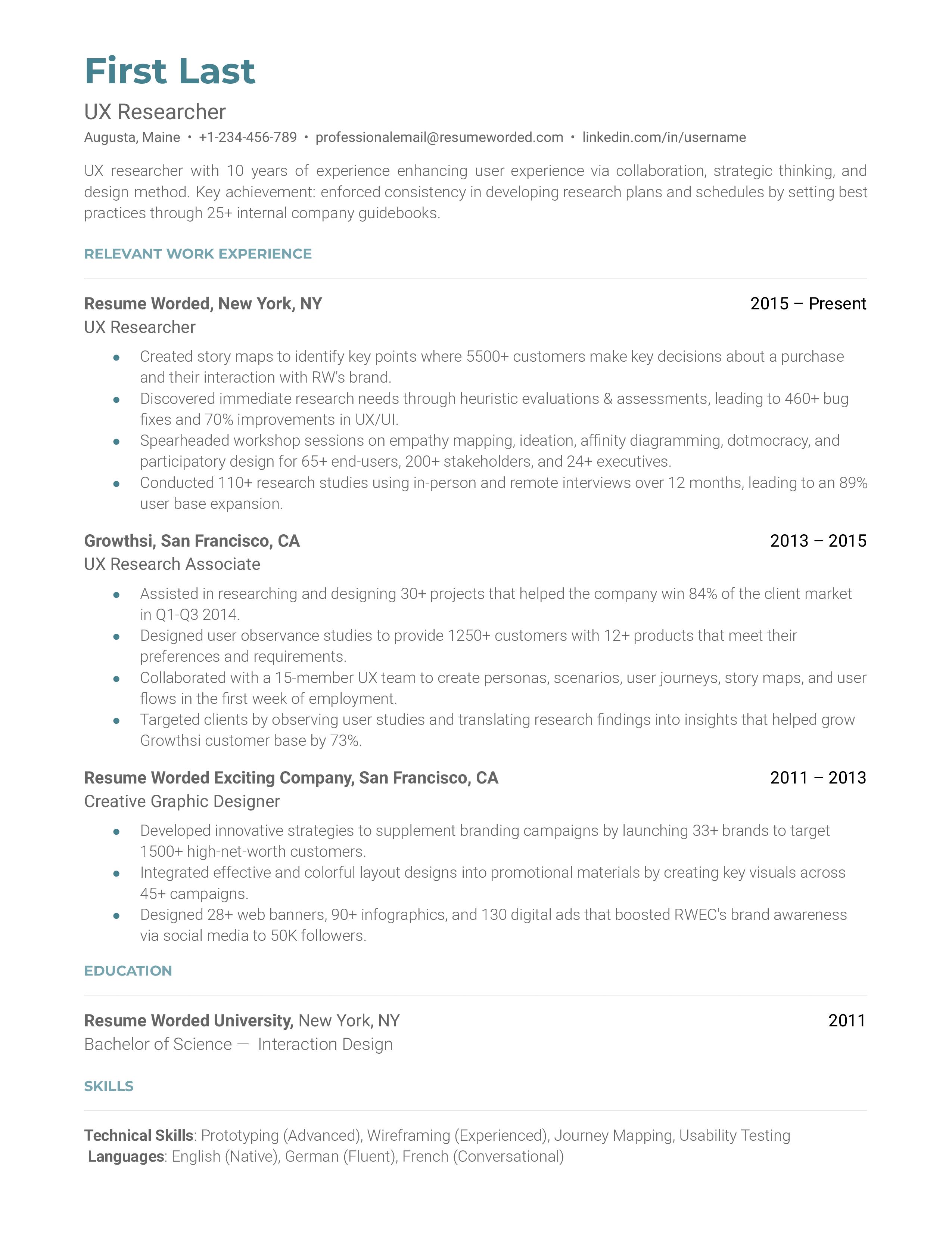 2 <b>UX</b> Researcher Resume Examples for 2025 | Resume Worded